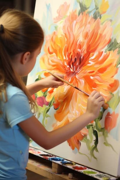 Premium Ai Image Little Girl Painting A Flower With Acrylics