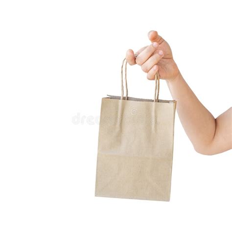 Close Up Hand Holding Paper Bags On White Background Reduce Global