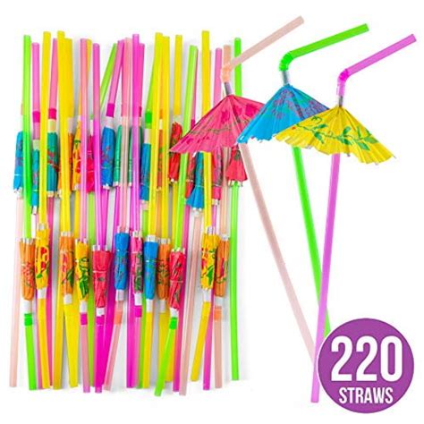 Umbrella Drinking Straws Bulk Pack Of 220 Assorted Color Bendable Party Straws With Parasol