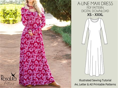 Maxi Dress Pattern Digital Pdf Sewing Pattern With Tutorial A Line Xs Xxxl Beginner Friendly