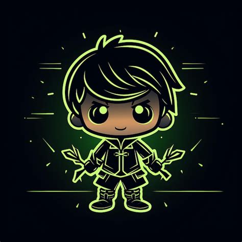 Personaje de neón del aventurero niño Chibi con un conjunto de