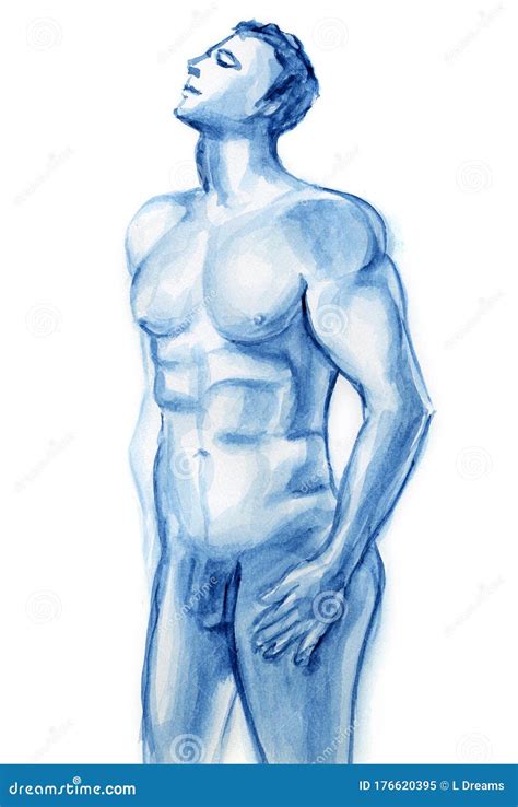 Gazing Nude Male Illustration In Blue Stock Illustration Illustration
