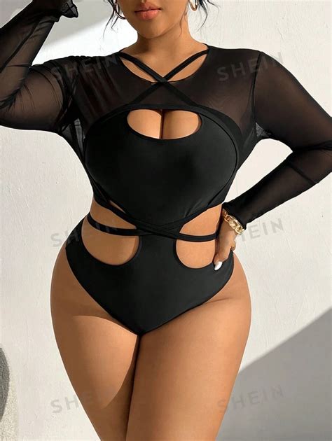 Shein Swim Bae Plus Size Women S Criss Cross Hollow Out Monokini