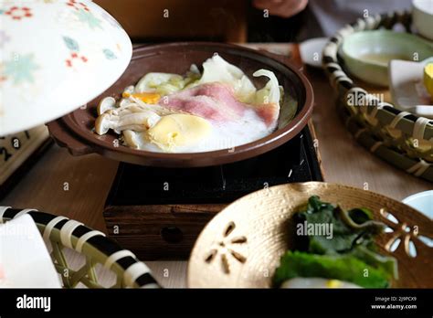 Japanese Kaiseki Traditional Breakfast Hot Pot Nabe At A Hakone Ryokan With Cabbage Enoki