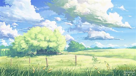 Grass field under white cloudy sky illustration, fantasy art, field ...