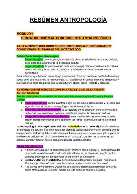 Resumen Antropologia RESÚMEN ANTROPOLOGÍA MODULO 1 1 INTRODUCCIÓN AL