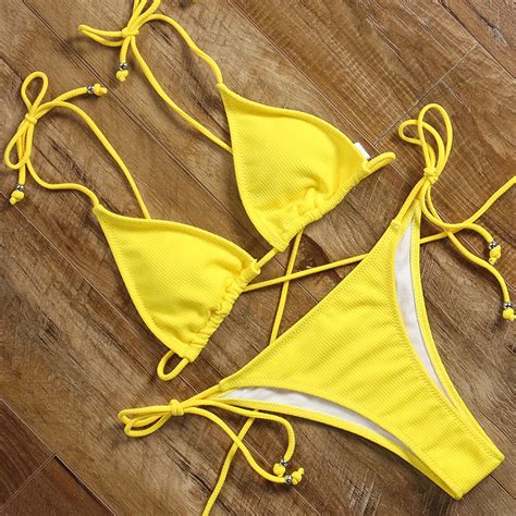 Solid Sexy Brazilian Bikini Low Waist Thong Bikini Set Push Up Padded Micro Bikinis Women