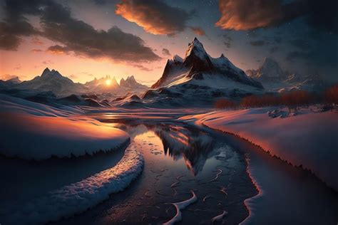 Premium AI Image Beautiful Sunset Over Mountains