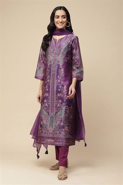 Buy Purple Polyester And Silk Paisley Notched Kurta Set For Women By