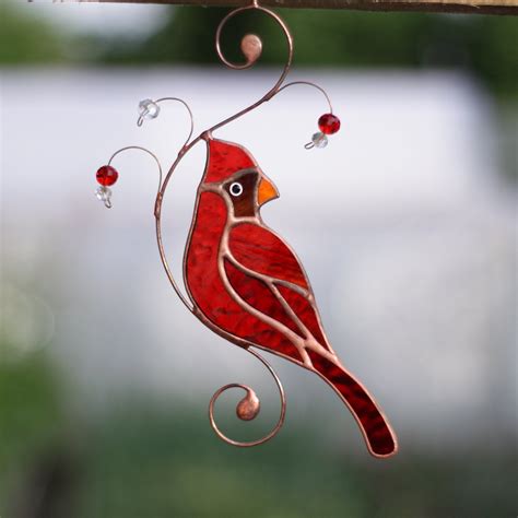 Red Cardinal Stained Glass Bird Christmas T Suncatcher Bird Etsy