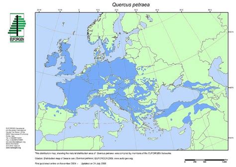 Carte de distribution du chêne sessile Quercus petraea dans le monde