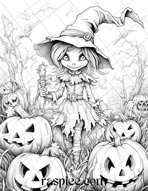 Halloween Scarecrows Grayscale Coloring Pages Printable For Adults