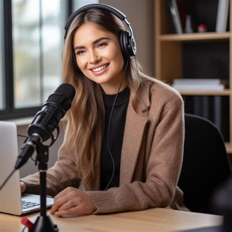 Premium Ai Image Cheerful Woman Podcaster Recording Her Voice Into