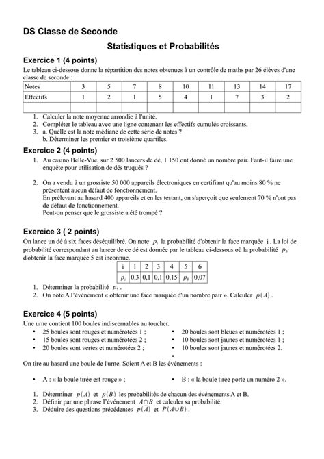 Ds Classe De Seconde Statistiques Et Probabilités