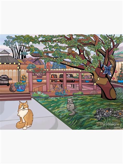 "Orange Cat and Kitties, Colorful Backyard, Cartoon Landscape, Backyard ...