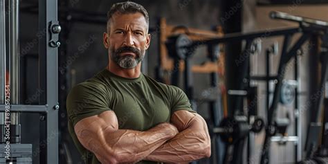 Confident Mature Man With A Beard Exuding Strength In A Modern Gym A