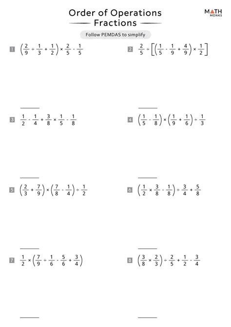 Order Of Operations With Fractions Worksheets Math Monks