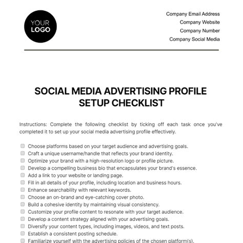 Free Social Media Advertising Profile Setup Checklist Template Edit