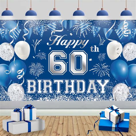 Buy 60th Birthday Decoration Banner 60th Blue Silver Birthday Backdrop