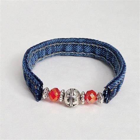 Red Beaded Wrap Bracelet Denim Blue Jean Seams Recycled