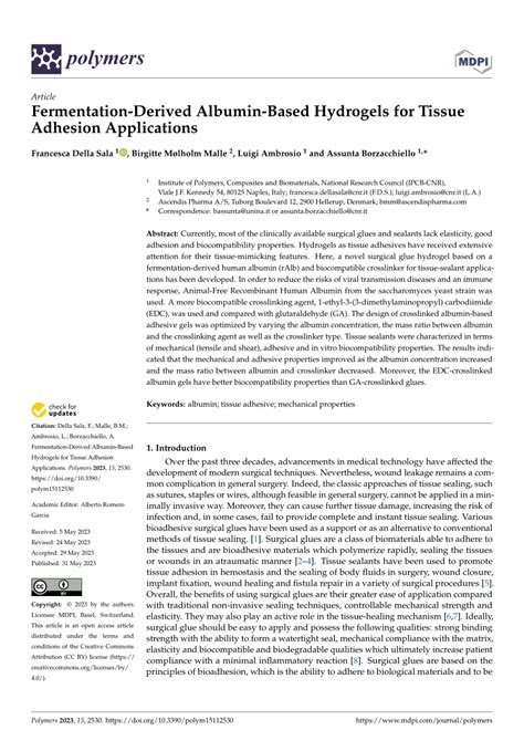 Pdf Fermentation Derived Albumin Based Hydrogels For Tissue Adhesion