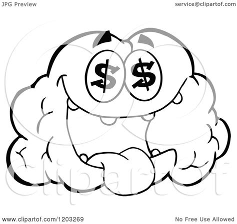 Cartoon Of A Black And White Brain Mascot With Dollar Eyes Royalty