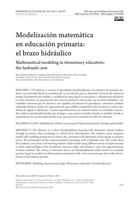 Pdf Modelización Matemática En Educación Primaria El Brazo Hidráulico