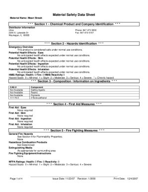 Fillable Online Material Safety Data Sheet Section 1 Chemical Product