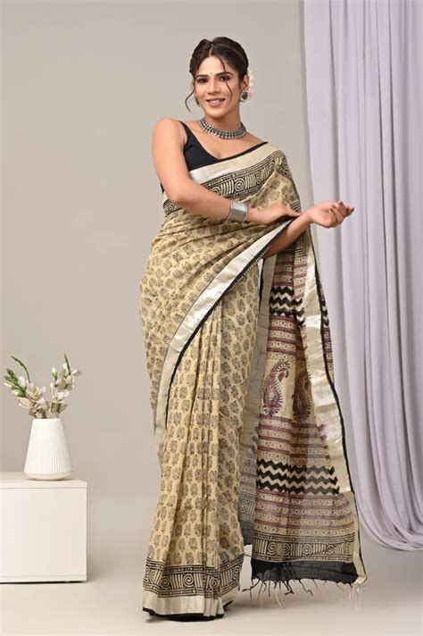 Exquisite Pure Linen Sarees Ruhi Hand Block Printer