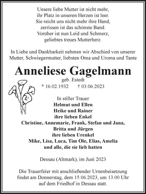 Traueranzeigen Von Anneliese Gagelmann Abschied Nehmen De