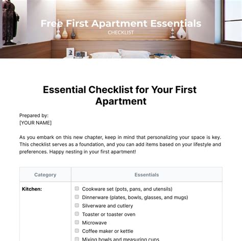 Free First Apartment Essentials Checklist Template Edit Online