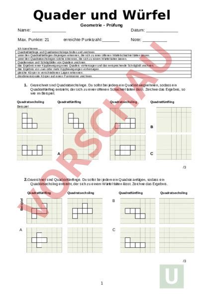 Arbeitsblatt Quader und Würfel Geometrie Körper Figuren