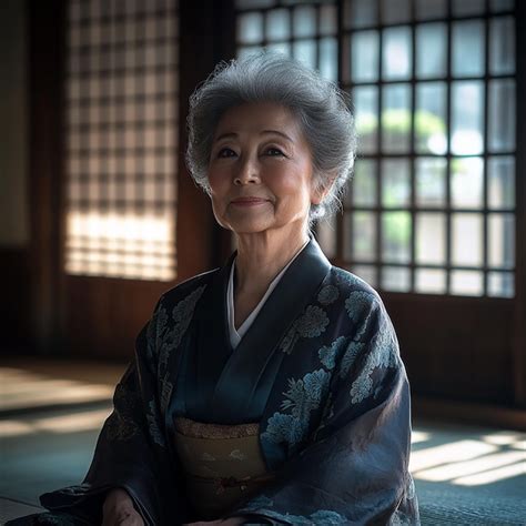 Mujer japonesa de 70 años con buen aspecto y vestimenta tradicional
