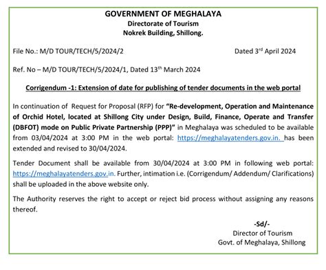 Extension Of Date For Publishing Of Tender Documents