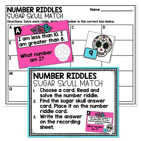 1st Grade October Math Center Sugar Skull Number Riddles Lucky