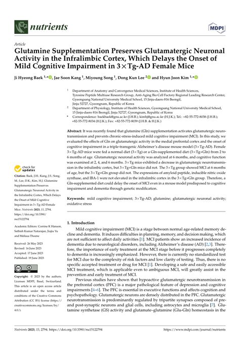 PDF Glutamine Supplementation Preserves Glutamatergic Neuronal