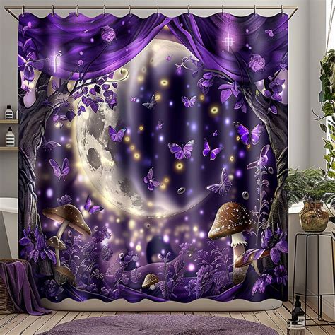 Ultra Realistic Fantasy Moon Shower Curtain With Purple Butterflies And Mushrooms Transform Your