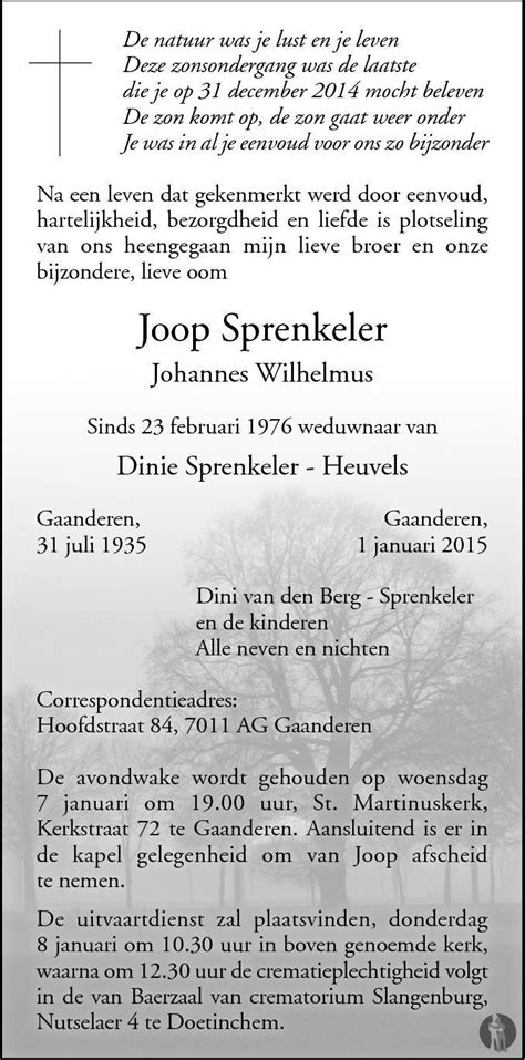 Johannes Wilhelmus Joop Sprenkeler 01 01 2015 Overlijdensbericht En