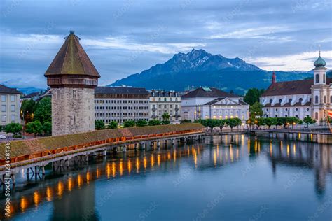 Night View Towards Chapel Bridge Kapellbruecke Together With The