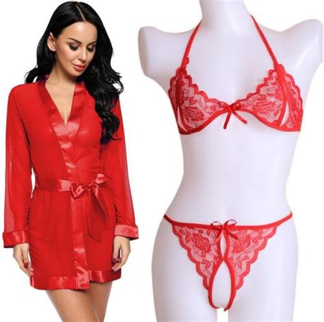 Buy Iyaracollection Women Red Lace Lace Net Robe And Lingerie Set