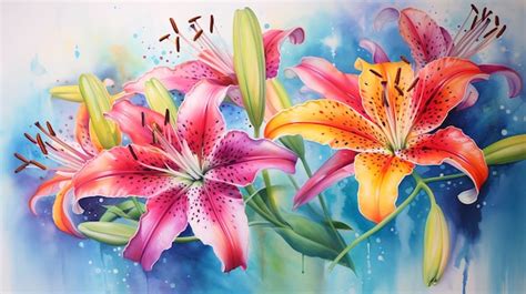 Premium AI Image Watercolor Vibrant Tropical Lilies