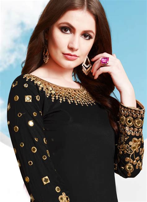 Buy Patiala Salwar Kameez Embroidered Tafeta Silk In Black Online