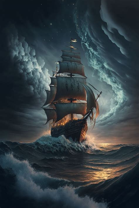 A Painting Of A Ship Sailing In The Ocean At Night With Clouds And