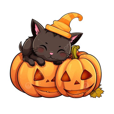 Cartoon Cute Halloween Cat Sleeping And Pumpkin Vector Cat Drawing