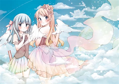 2girls Angel Blonde Hair Blue Eyes Blue Hair Blush Clouds Dress Flowers