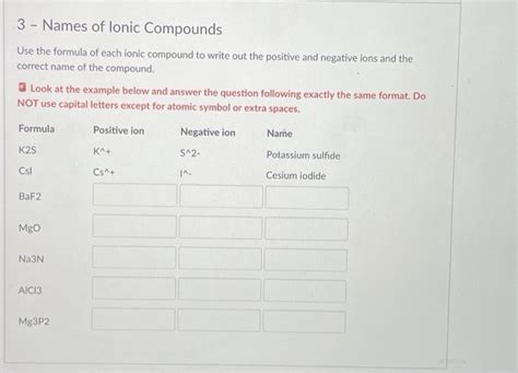 Solved 3 Names Of Lonic Compounds Use The Formula Of Each Chegg