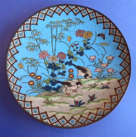 GRAND PLAT EN émail cloisonné Japon Meiji bamboo oiseaux Japanese