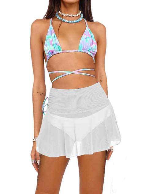 Gwiyeopda Women Beach See Through Mesh Sheer Pleated Skirt Bikini Cover