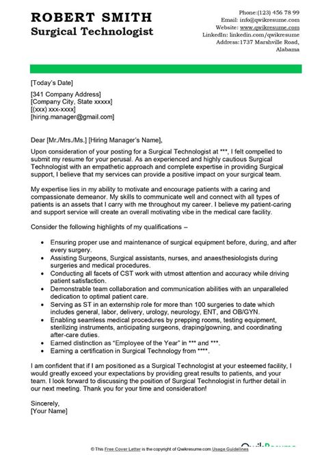 Surgical Technologist Cover Letter Examples QwikResume