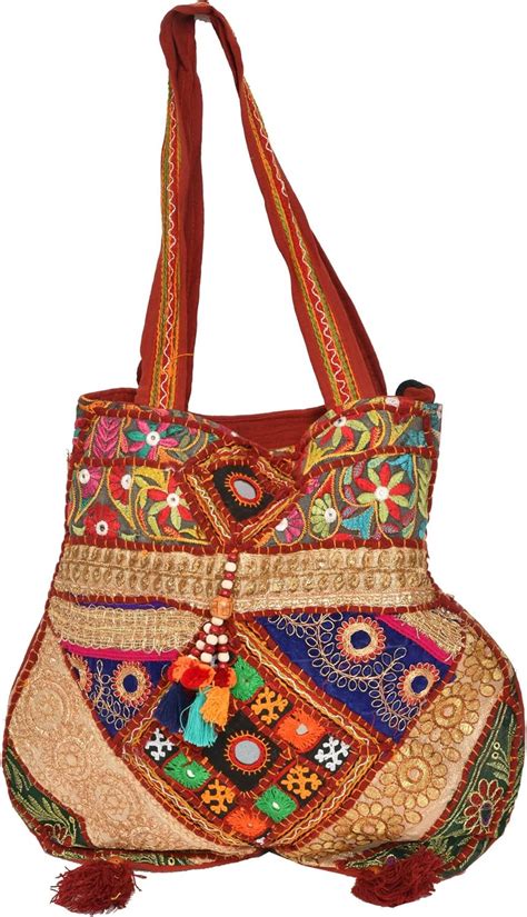 Exotic India Earth Red Shoulder Bag From Kutch With Embroidery And